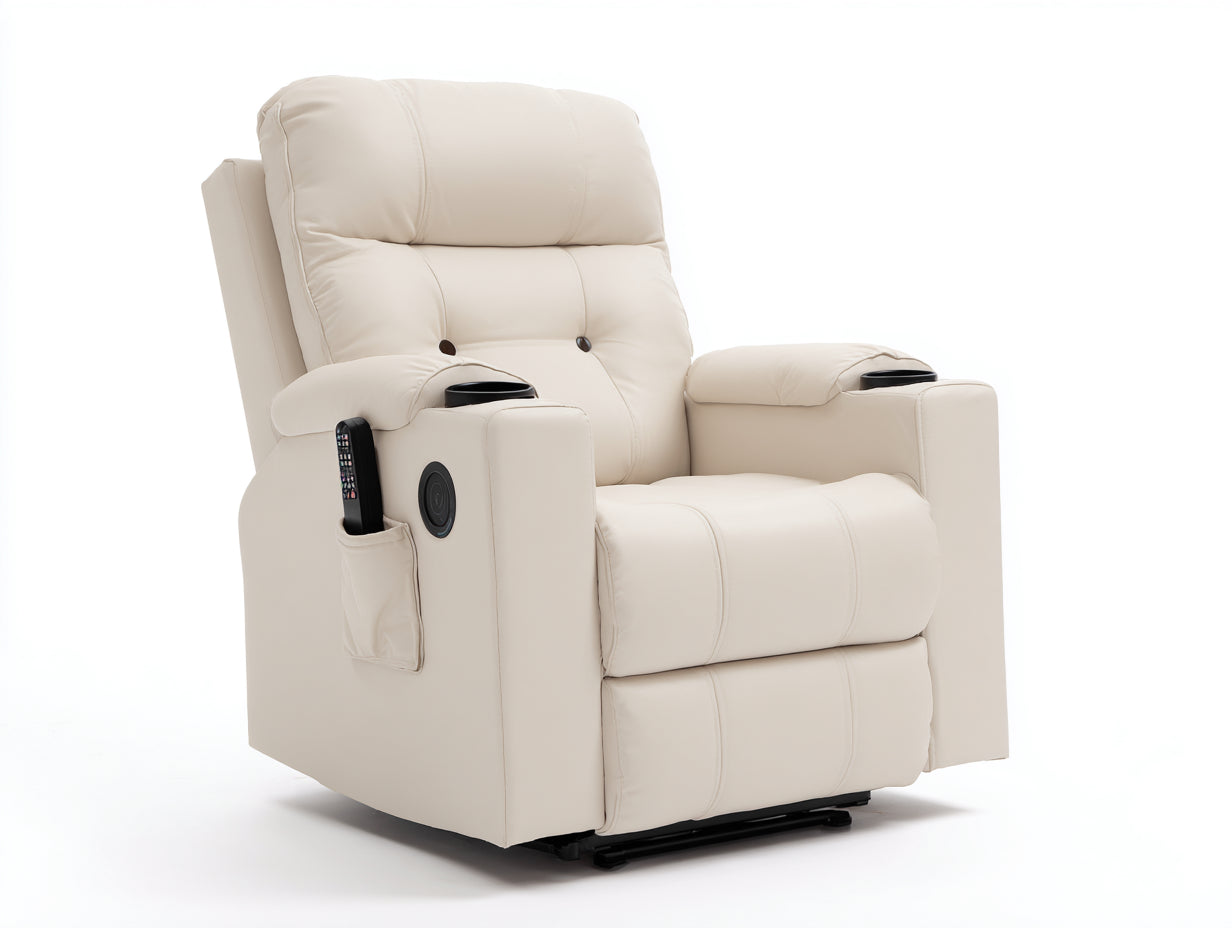 Poltrona reclinabile in cuir synthétique crema 96x92x108 cm per soggiorno - portabicchieri integrato - design moderno